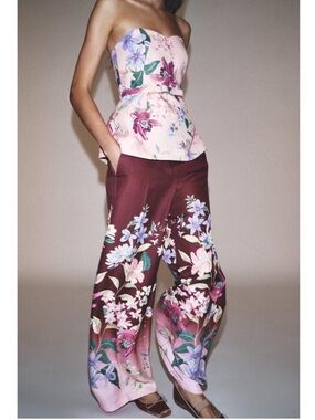 ZARA FLORAL PRINT WIDE-LEG TROUSERS XS